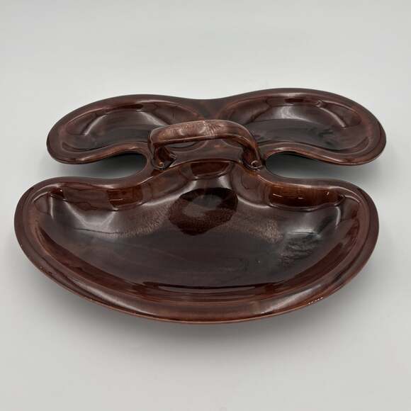 California Art Other - MCM Brown Drip Glaze Relish Platter 3 Bowl Ceramic Serving Tray 1960s
